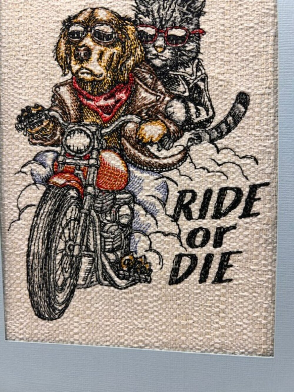 Homemade Ride Or Die Dog & Cat 8X10 Framed Embroidery Art - Picture 2 of 6
